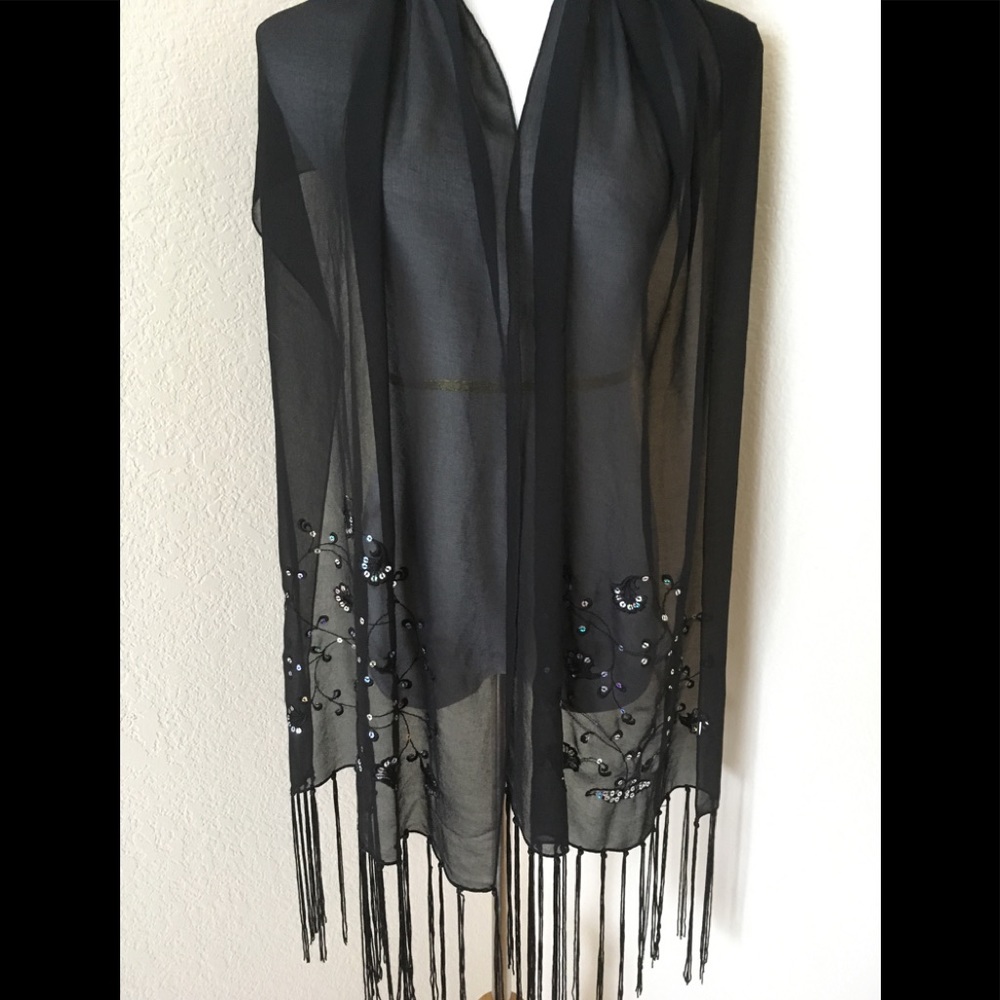 Black shawl vintage Chiffon shawl with fringes theatre shawl special occasion